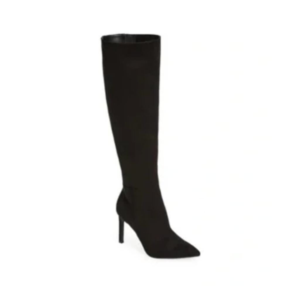 OPEN EDIT Barbara Tall Pointed Boots 9.5 Black NWOT Heel Knee High Vegan Suede